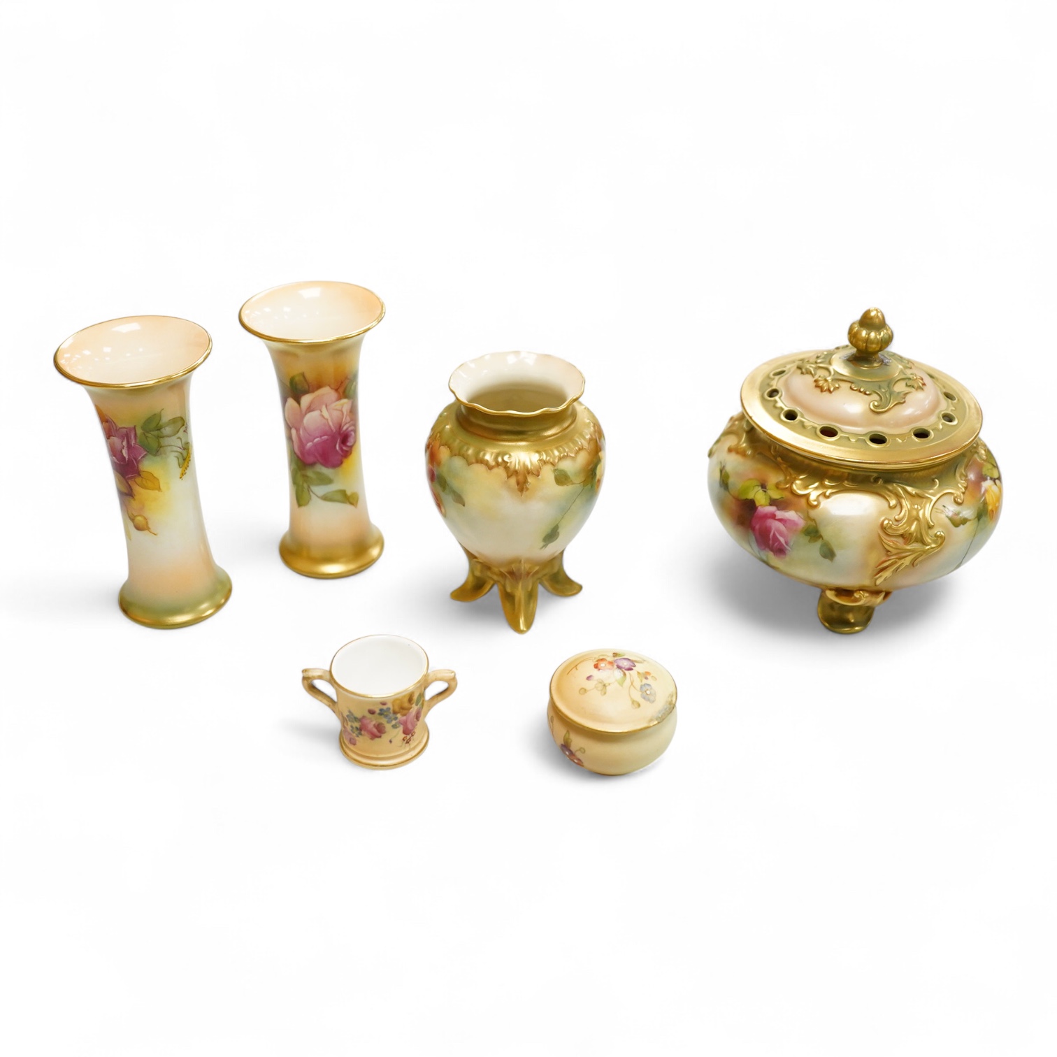 A group of Royal Worcester flower painted porcelain to include a pair vases signed M Hunt and a potpourri, largest 11cm high